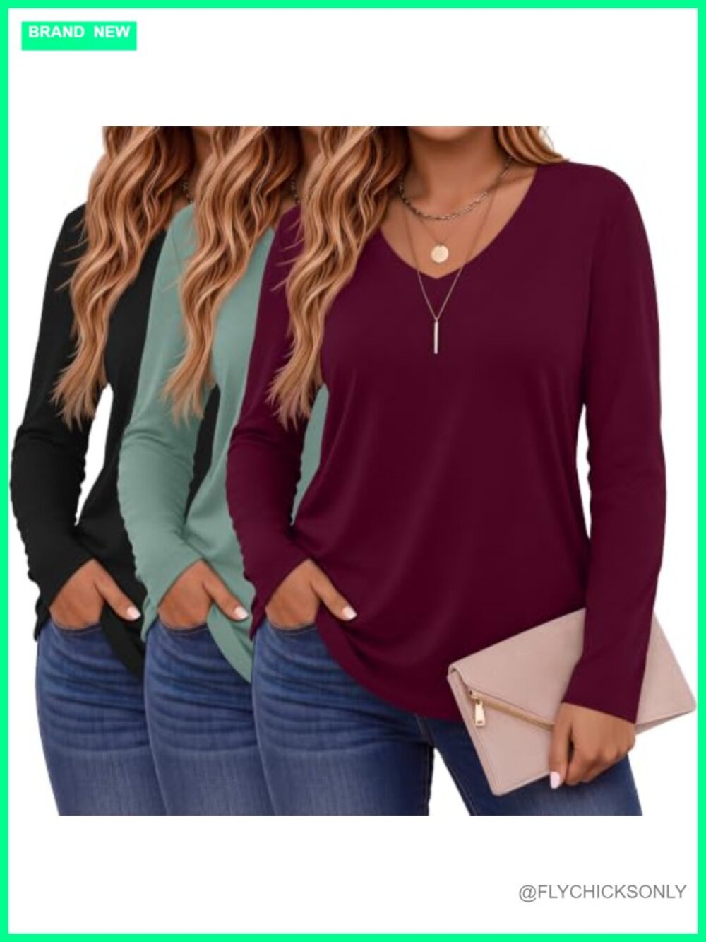 Plus Size V Neck Long Sleeve Tunic Tops 3 Pack Loose Fit Soft